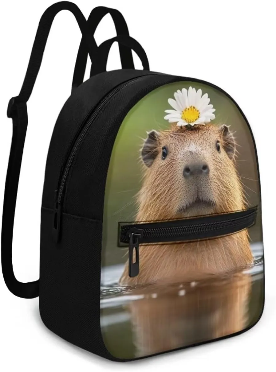 Capybara Floral Women Fashion Backpack, Polyester Daypack with Zippers, Compact Shoulder Bag Non-Waterproof Lightweight