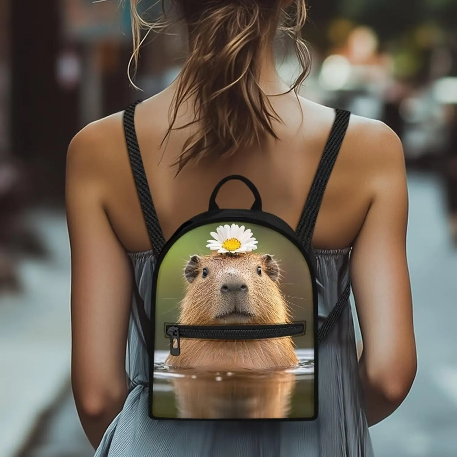 Capybara Floral Women Fashion Backpack, Polyester Daypack with Zippers, Compact Shoulder Bag Non-Waterproof Lightweight