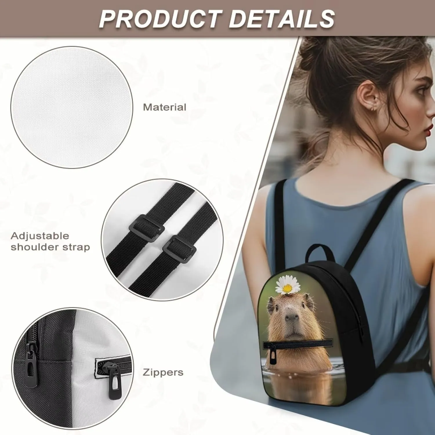 Capybara Floral Women Fashion Backpack, Polyester Daypack with Zippers, Compact Shoulder Bag Non-Waterproof Lightweight