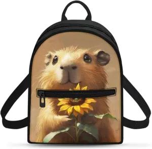 Capybara Sunflower Women Shoulder Bag Compact Backpack Lightweight Polyester Daypack with Hidden Pockets