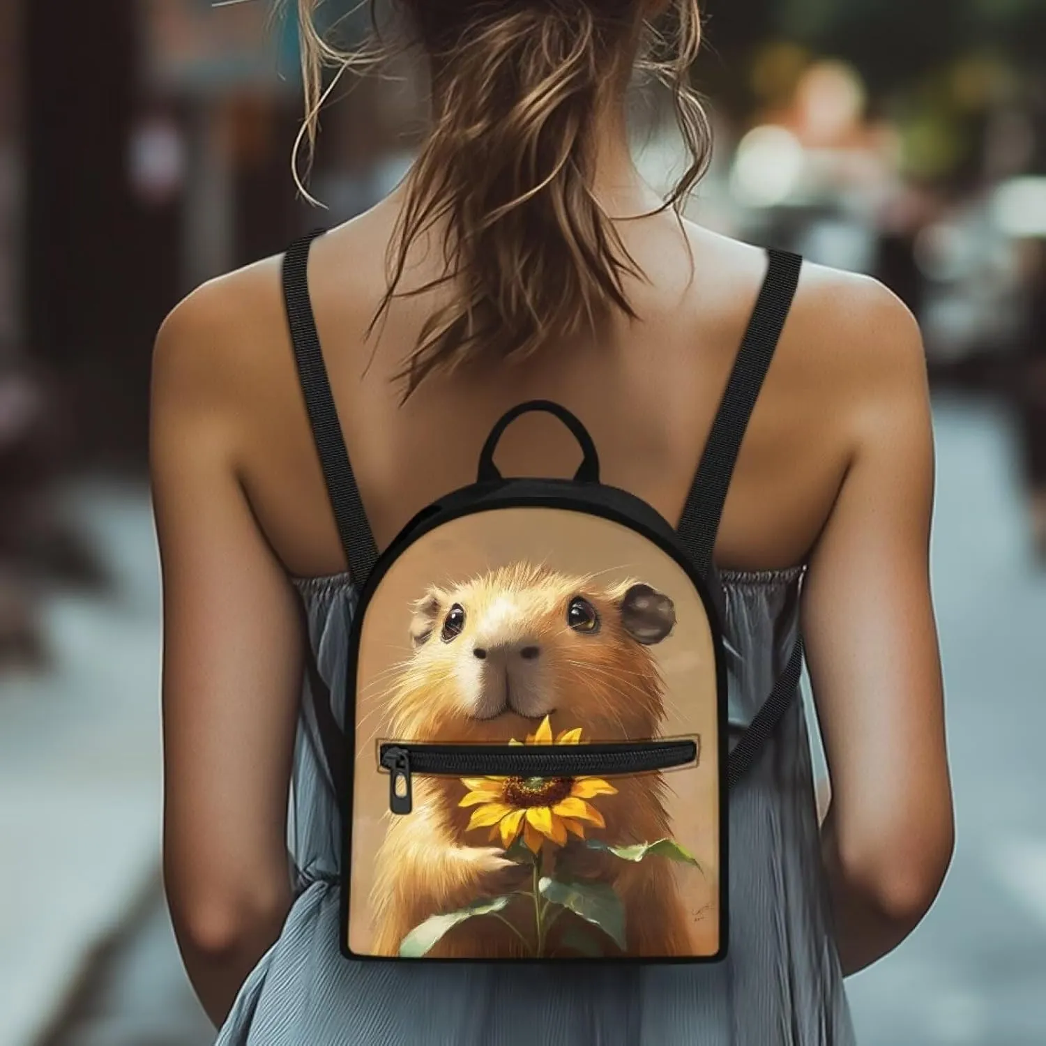 Capybara Sunflower Women Shoulder Bag Compact Backpack Lightweight Polyester Daypack with Hidden Pockets