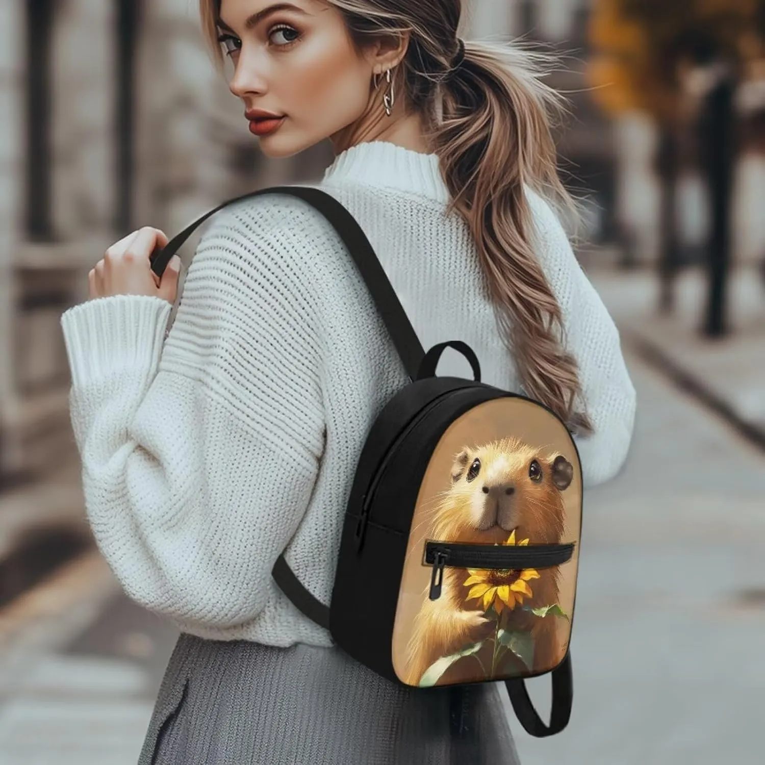 Capybara Sunflower Women Shoulder Bag Compact Backpack Lightweight Polyester Daypack with Hidden Pockets