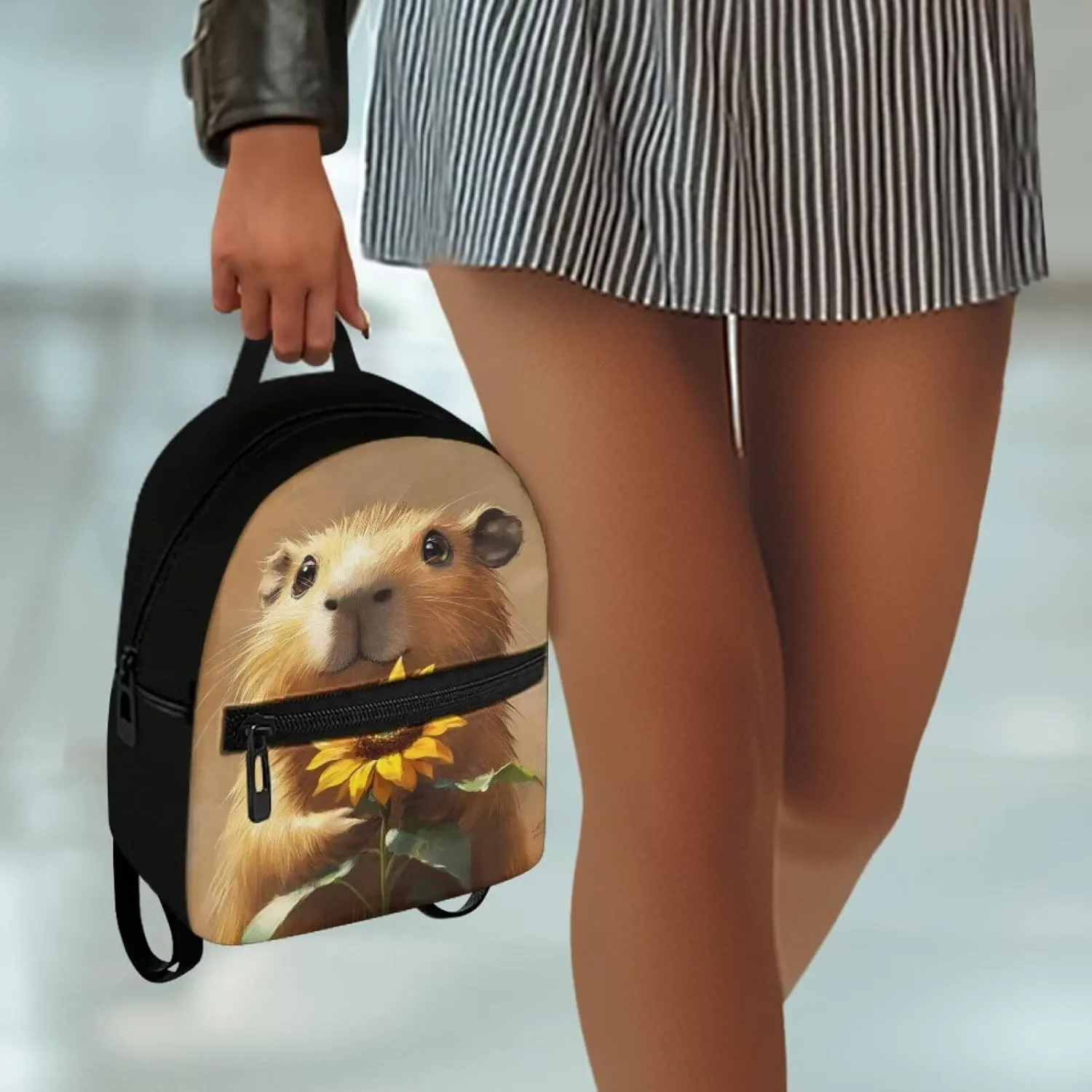 Capybara Sunflower Women Shoulder Bag Compact Backpack Lightweight Polyester Daypack with Hidden Pockets