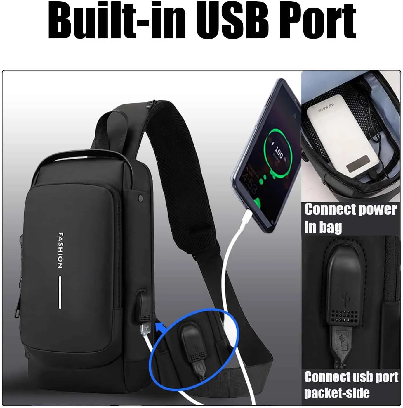 Carbon Fiber Streamline Anti-Theft Sling Bag, USB charging port Sport Waterproof Shoulder Bag, for Daily Trips, Commutes (Black Gold)