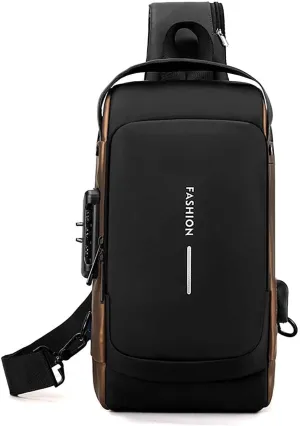 Carbon Fiber Streamline Anti-Theft Sling Bag, USB charging port Sport Waterproof Shoulder Bag, for Daily Trips, Commutes (Black Gold)