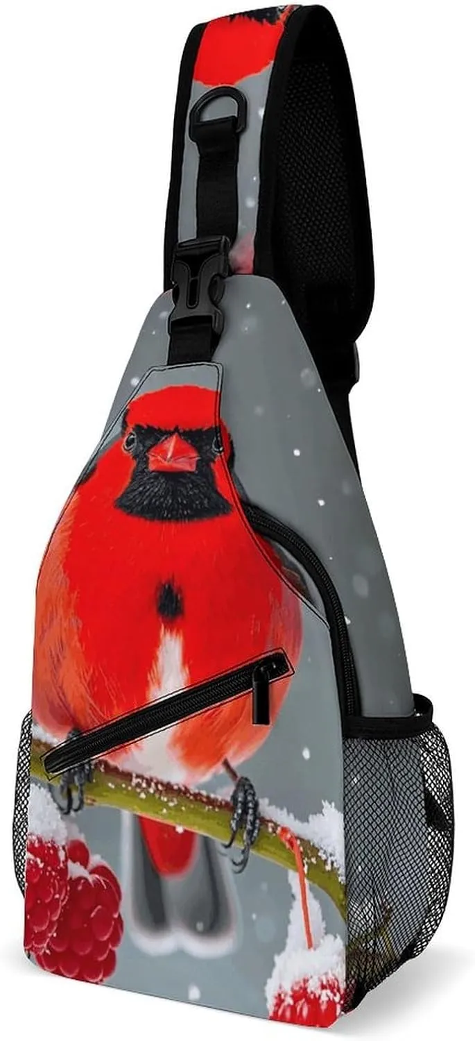 Cardinal Birds Snow Cranberries Crossbody Sling Bag for Women Men Sling Backpack Travel Chest Bag Pack Man Purse Shoulder Bags Daypack for Travel Hiking Cycling