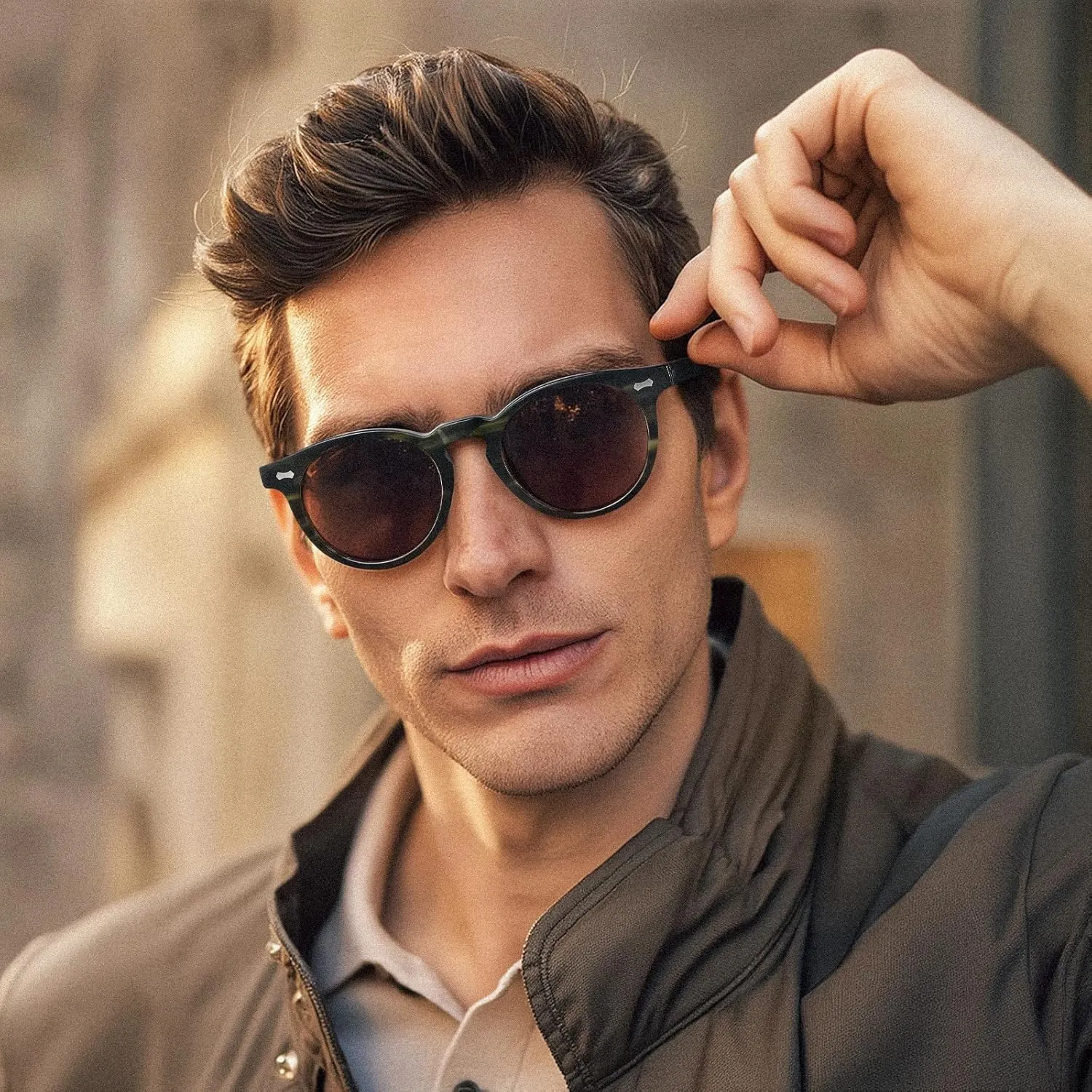 CARFIA Retro Acetate Polarized Sunglasses for Men UV Protection, Vintage Round Frame Eyewear with Gold Filigree CA5506
