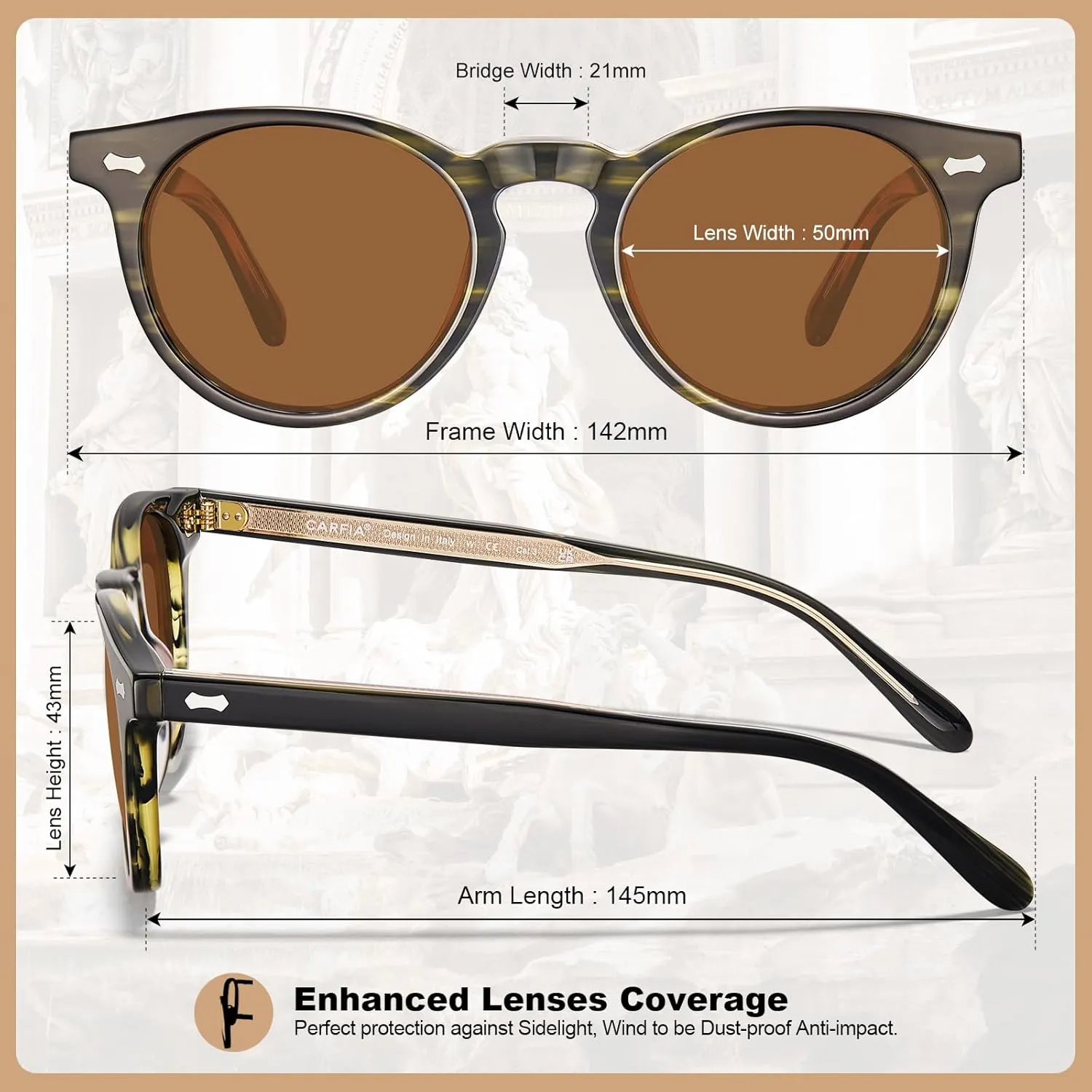 CARFIA Retro Acetate Polarized Sunglasses for Men UV Protection, Vintage Round Frame Eyewear with Gold Filigree CA5506