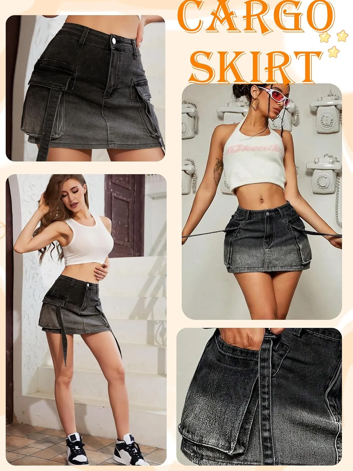 Cargo Skirt Women y2k Button Mini Jeans Skirt Denim Skirt with Pocket Low Waist