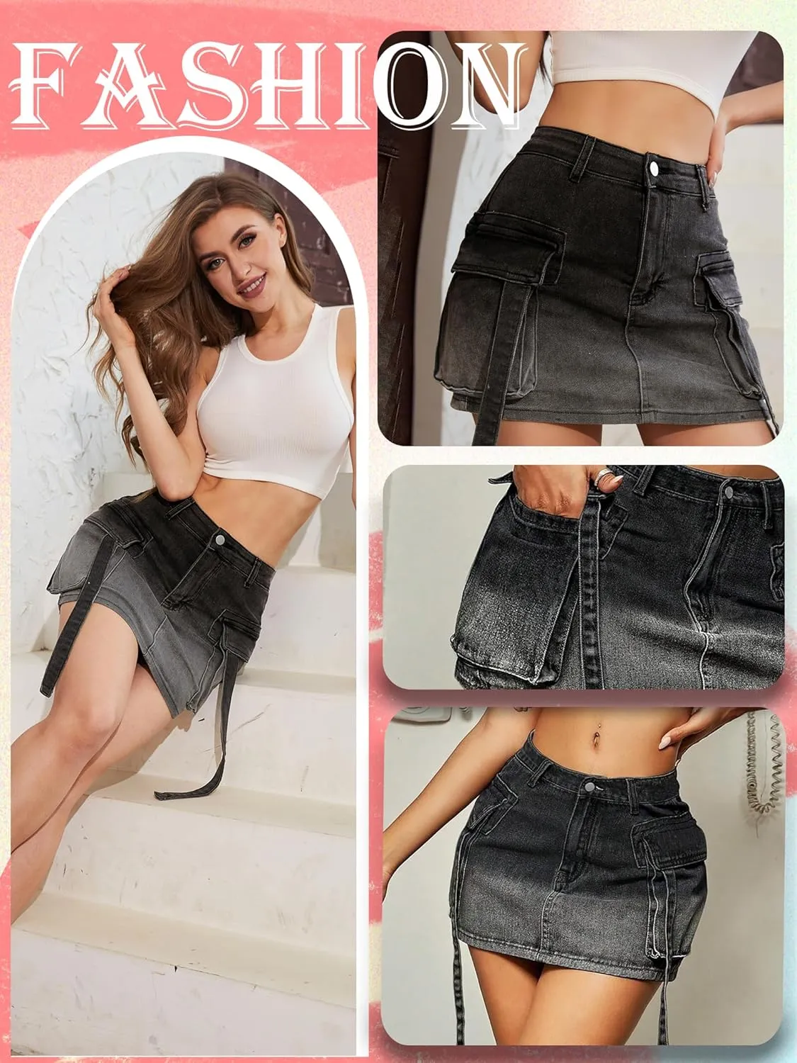 Cargo Skirt Women y2k Button Mini Jeans Skirt Denim Skirt with Pocket Low Waist