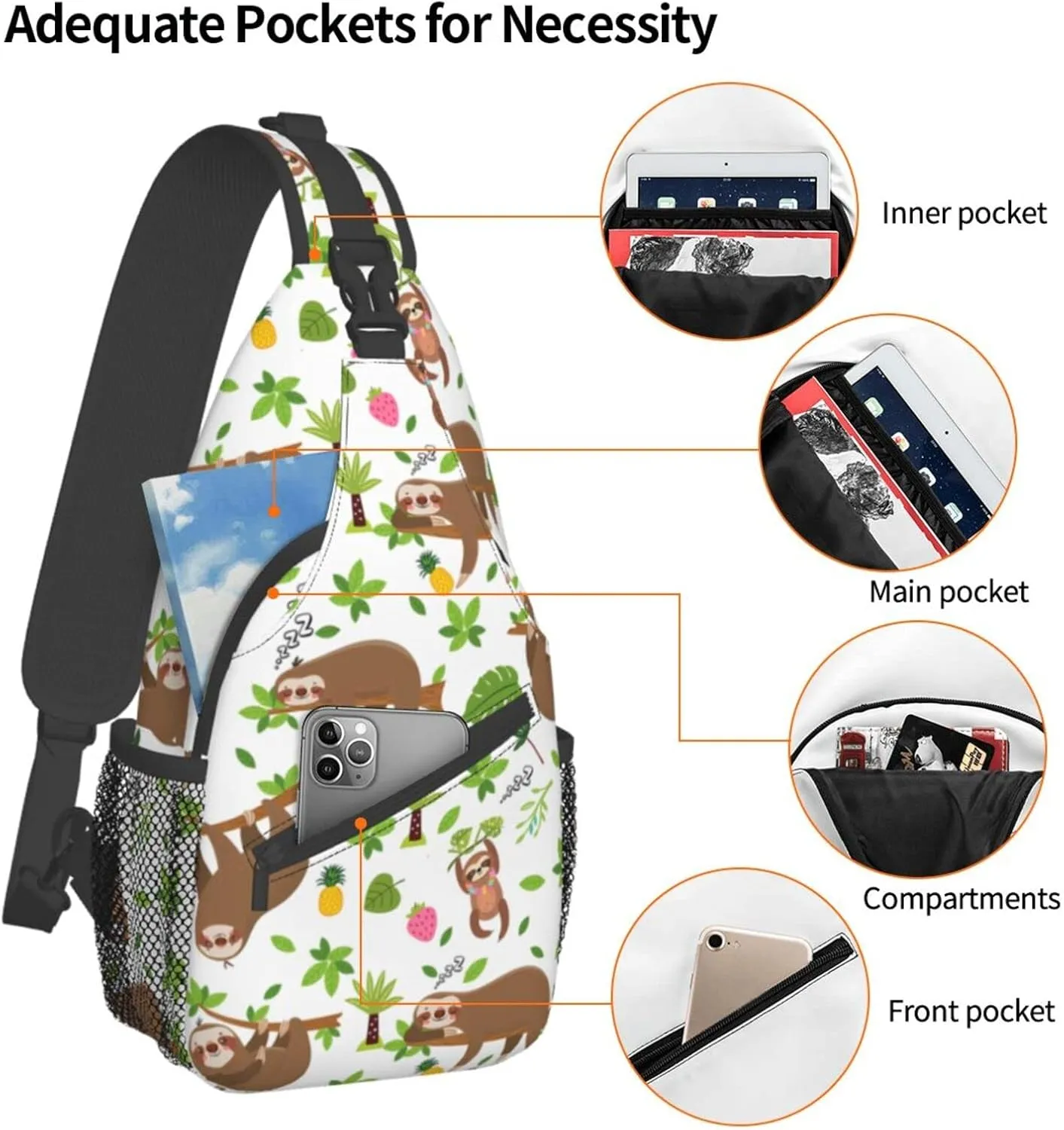 Cartoon Sloth Sling Bag Crossbody Backpack Hiking Travel Daypack Chest Bag Lightweight Shoulder Bag For Women Men