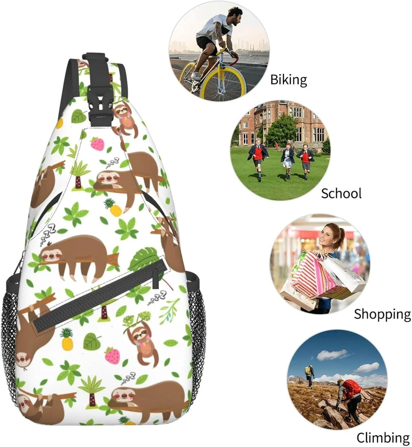Cartoon Sloth Sling Bag Crossbody Backpack Hiking Travel Daypack Chest Bag Lightweight Shoulder Bag For Women Men