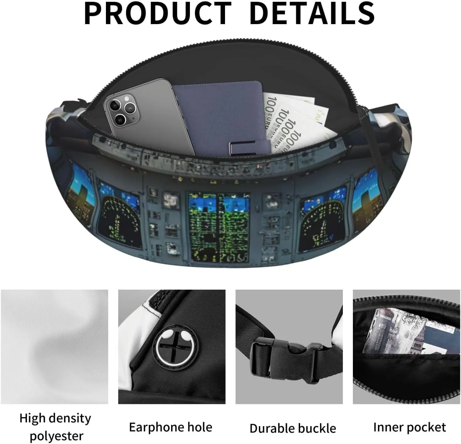 Casual Airplane Cockpit Printed Fanny Pack,Crossbody Fanny packs for women Men Waist Bag for Running Travel