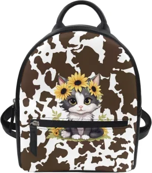 Cat Mini Backpack Purse for Women Brown Cow Print Girls Small Shoulder Bags Daypack for Work Travel School Vogue Compact Backpack for Trendsetting Professionals