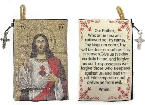 Catholic Rosary Pouch – Woven Tapestry Sacred Heart of Jesus & The Lord’s Prayer Purse From The Holy Land - Coin, Jewelry & Rosary Case w/Cross Pendant Zipper - Catholic Gifts for Women (4" x 6")