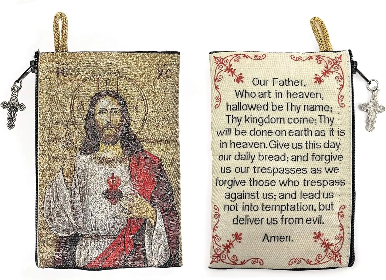 Catholic Rosary Pouch – Woven Tapestry Sacred Heart of Jesus & The Lord’s Prayer Purse From The Holy Land - Coin, Jewelry & Rosary Case w/Cross Pendant Zipper - Catholic Gifts for Women (4" x 6")