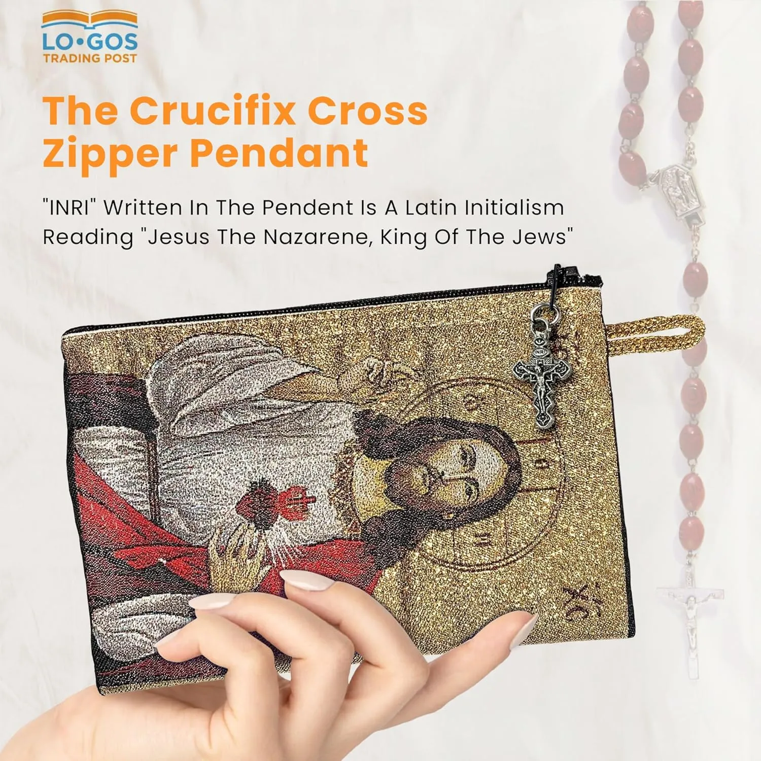 Catholic Rosary Pouch – Woven Tapestry Sacred Heart of Jesus & The Lord’s Prayer Purse From The Holy Land - Coin, Jewelry & Rosary Case w/Cross Pendant Zipper - Catholic Gifts for Women (4" x 6")
