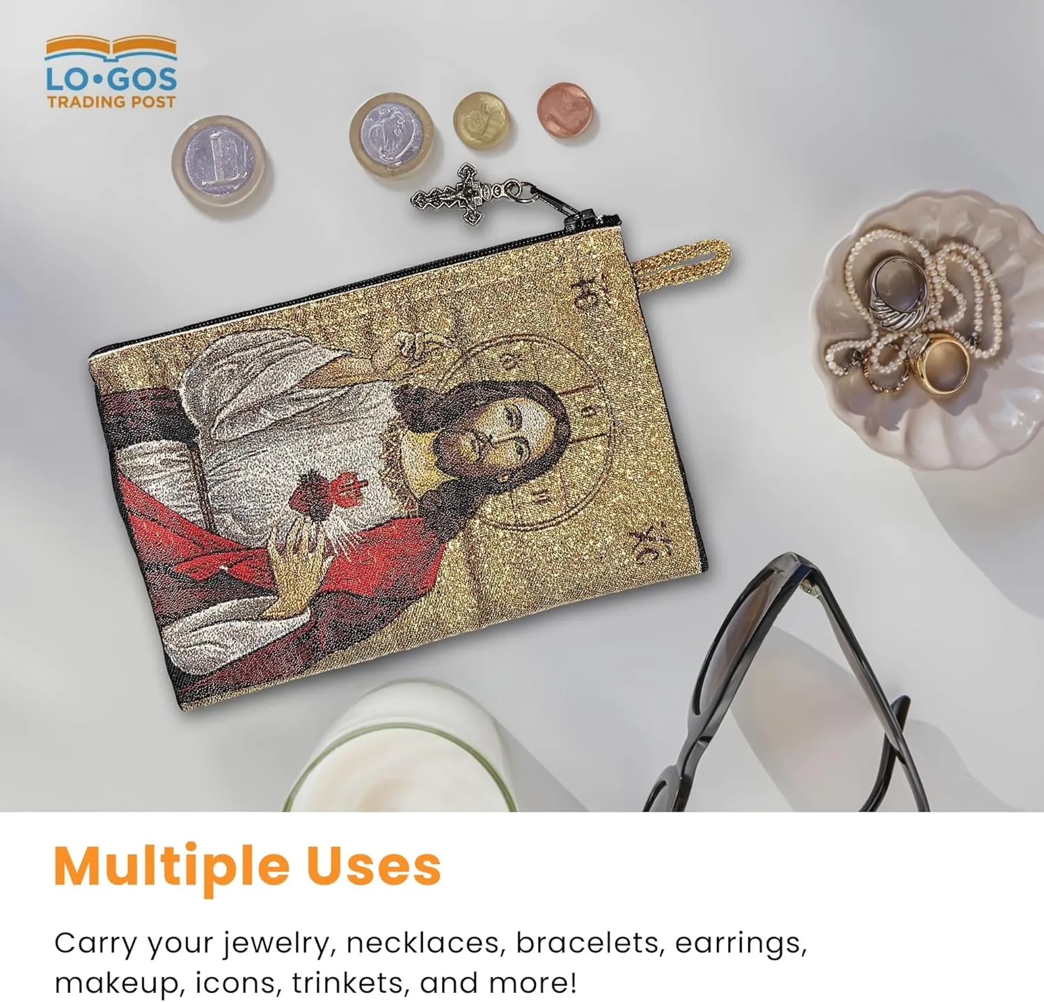 Catholic Rosary Pouch – Woven Tapestry Sacred Heart of Jesus & The Lord’s Prayer Purse From The Holy Land - Coin, Jewelry & Rosary Case w/Cross Pendant Zipper - Catholic Gifts for Women (4" x 6")