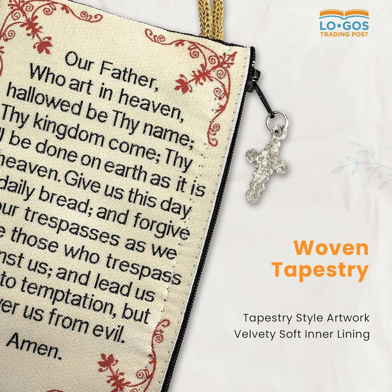 Catholic Rosary Pouch – Woven Tapestry Sacred Heart of Jesus & The Lord’s Prayer Purse From The Holy Land - Coin, Jewelry & Rosary Case w/Cross Pendant Zipper - Catholic Gifts for Women (4" x 6")