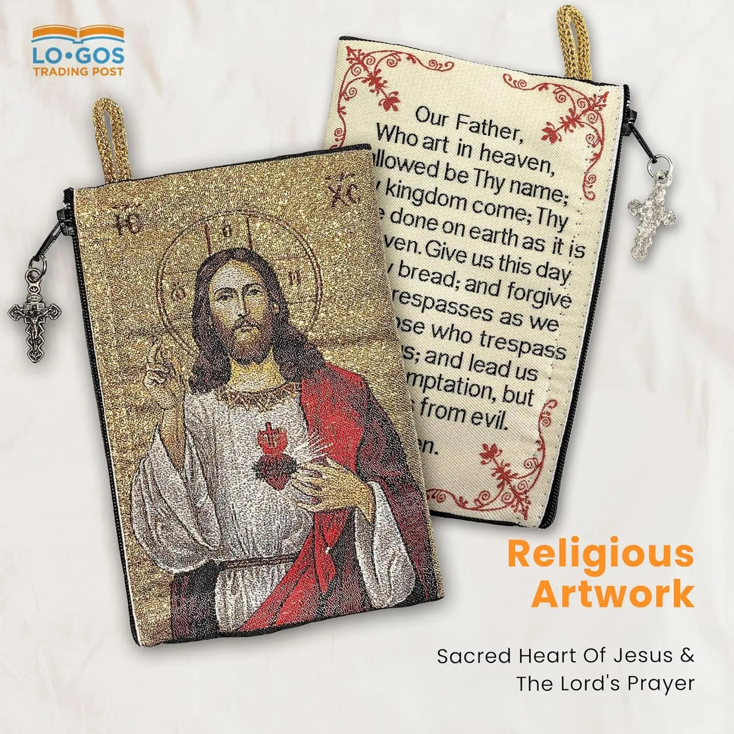 Catholic Rosary Pouch – Woven Tapestry Sacred Heart of Jesus & The Lord’s Prayer Purse From The Holy Land - Coin, Jewelry & Rosary Case w/Cross Pendant Zipper - Catholic Gifts for Women (4" x 6")