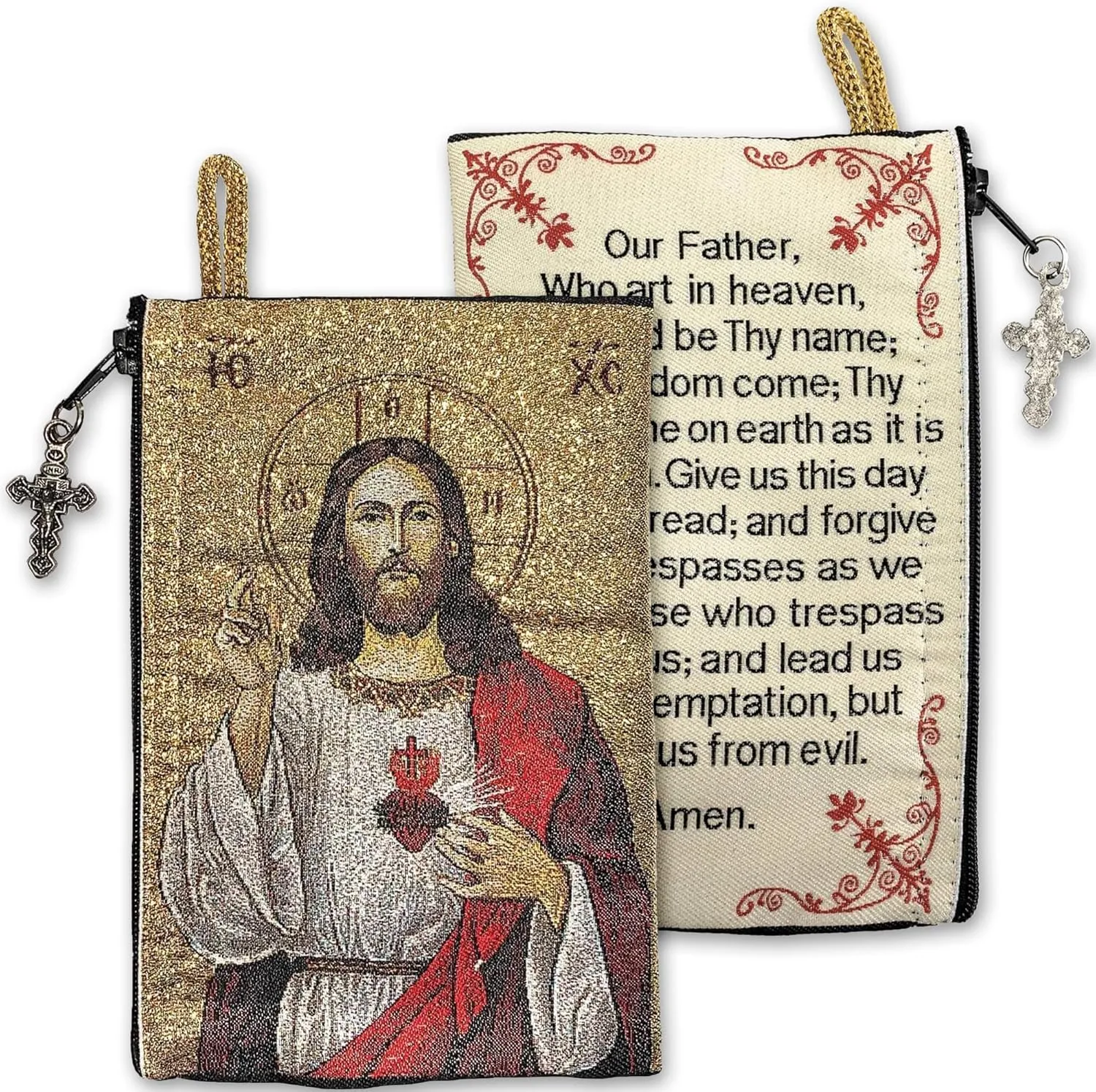 Catholic Rosary Pouch – Woven Tapestry Sacred Heart of Jesus & The Lord’s Prayer Purse From The Holy Land - Coin, Jewelry & Rosary Case w/Cross Pendant Zipper - Catholic Gifts for Women (4" x 6")