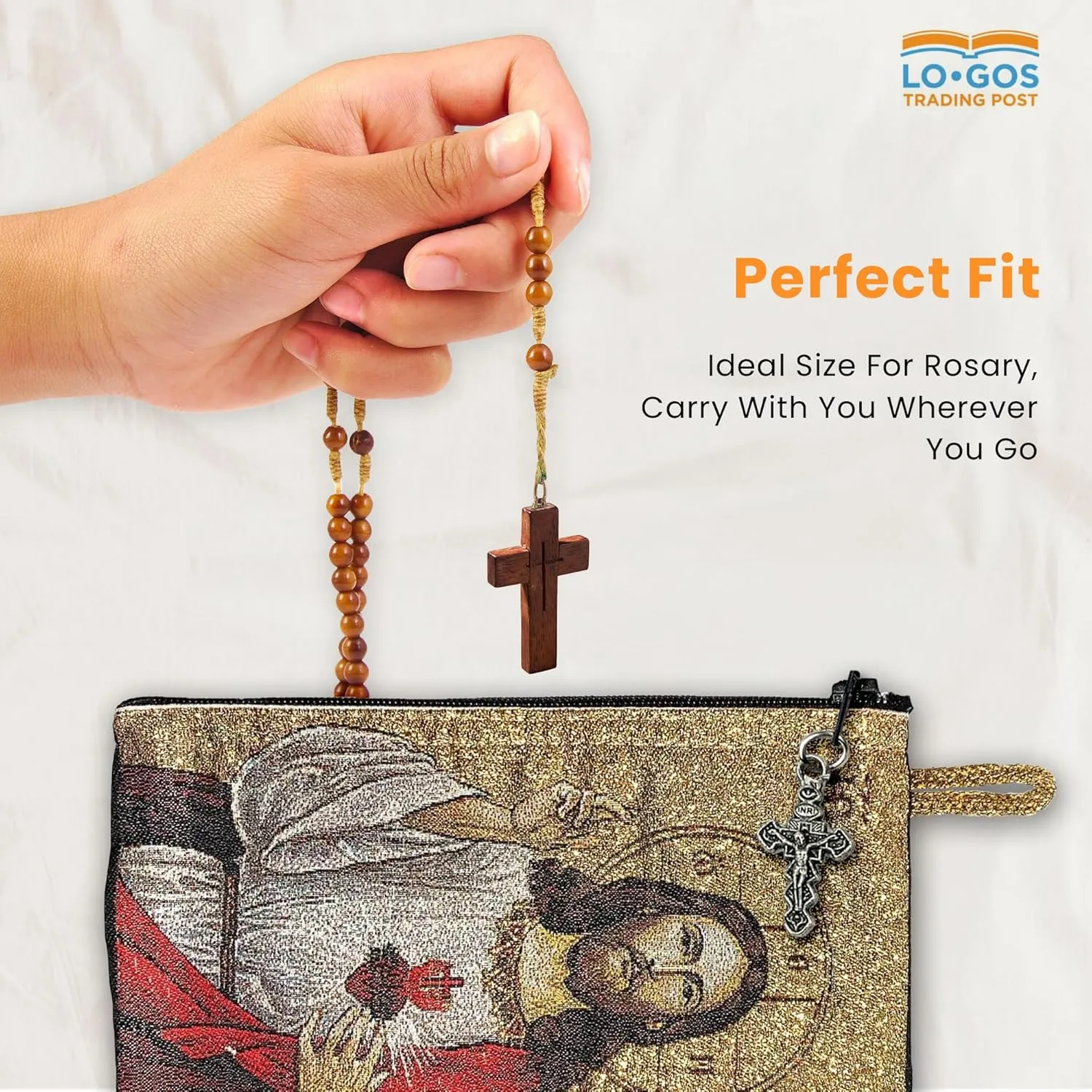 Catholic Rosary Pouch – Woven Tapestry Sacred Heart of Jesus & The Lord’s Prayer Purse From The Holy Land - Coin, Jewelry & Rosary Case w/Cross Pendant Zipper - Catholic Gifts for Women (4" x 6")