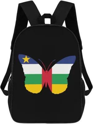 Central African Republic Flag Butterflies Unisex Backpack 17" Casual Daypacks Simple Shoulders Bag for Camping Hiking Travel Gear