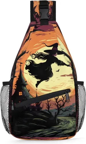 cfpolar Halloween Flying Witch Tomb Sling Bag for Women Men, Lightweight Crossbody Sling Backpack Shoulder Pack Multipurpose Chest Bag for Travel Hiking Cycling Gym
