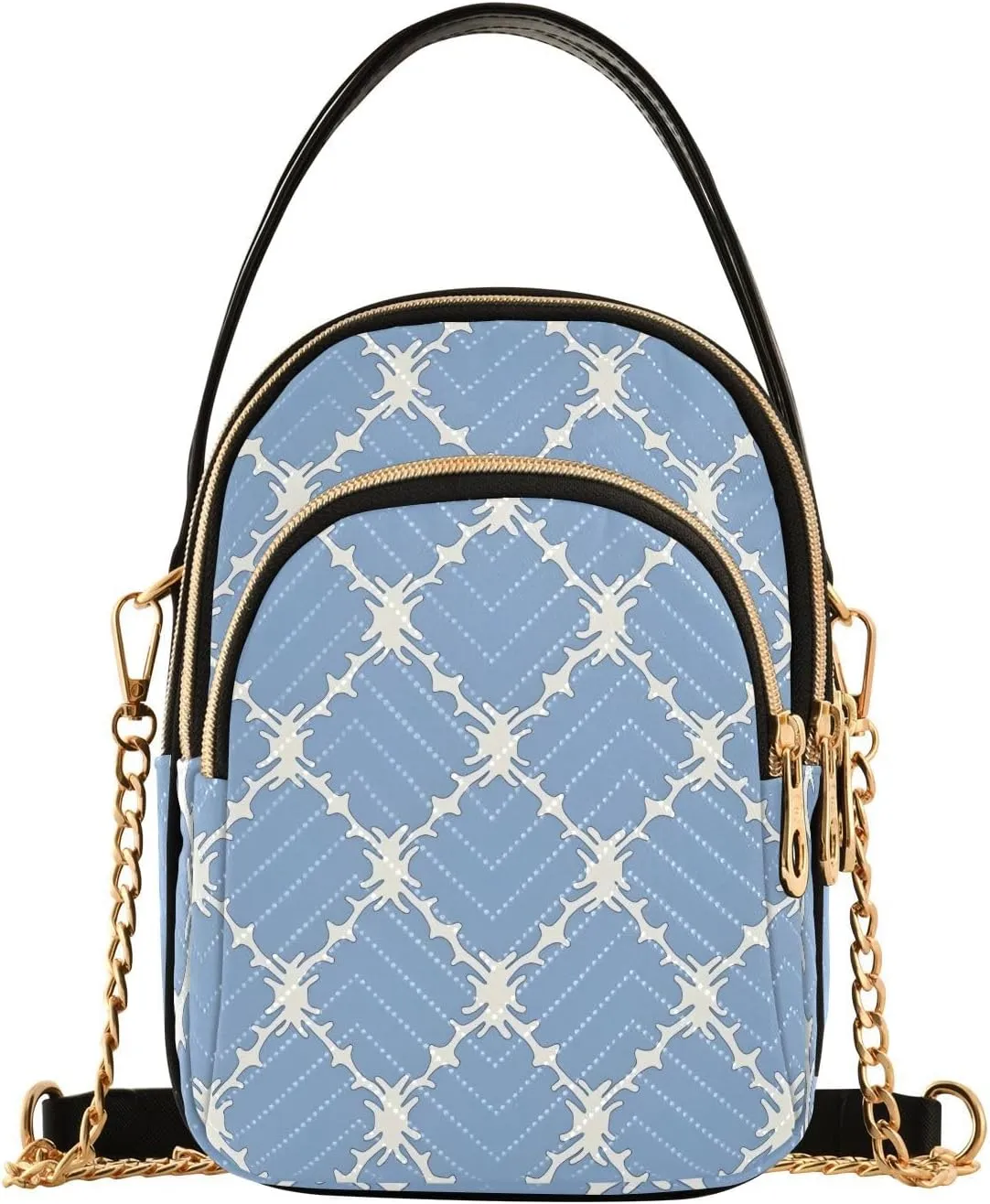 Chain Crossbody Bags for Women Light Blue Geometric Pattern Quilted Shoulder Handbags Travel Cross Body Cell Phone Purses Bags