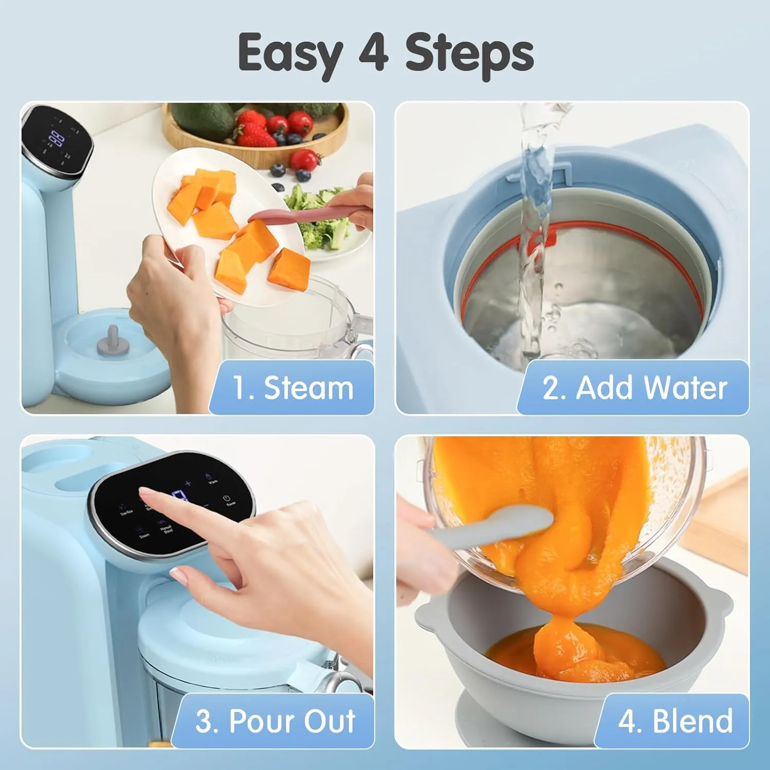 Chefhandy Baby Food Maker,Baby Food Processor with Steam Basket,Auto Cooking & Grinding,One Step Baby Food Steamer Puree Blender Grinder Mills Machine,Touch Screen Control（Blue）