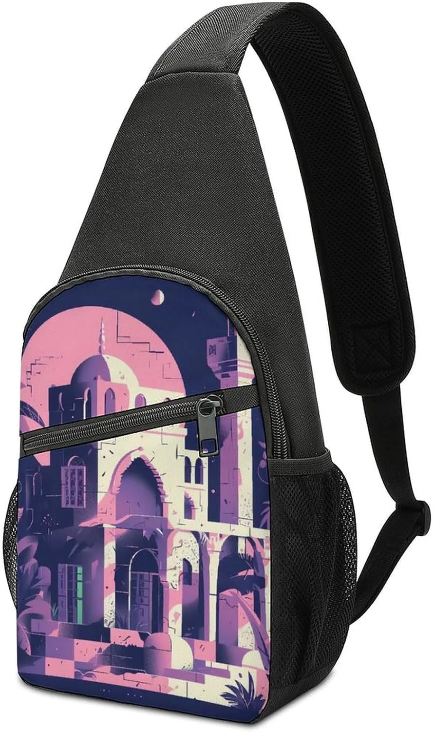 Chest Bag Sling Bag for Men Women Traditional Architecture Sport Sling Backpack Lightweight Shoulder Bag for Travel