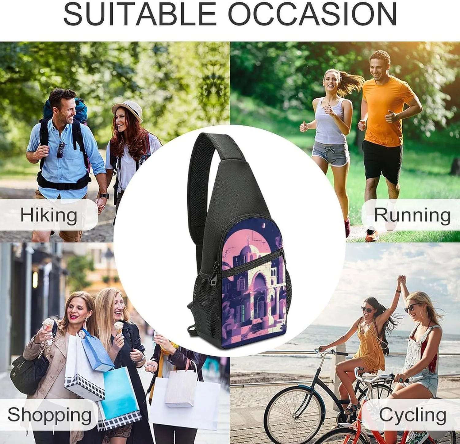 Chest Bag Sling Bag for Men Women Traditional Architecture Sport Sling Backpack Lightweight Shoulder Bag for Travel