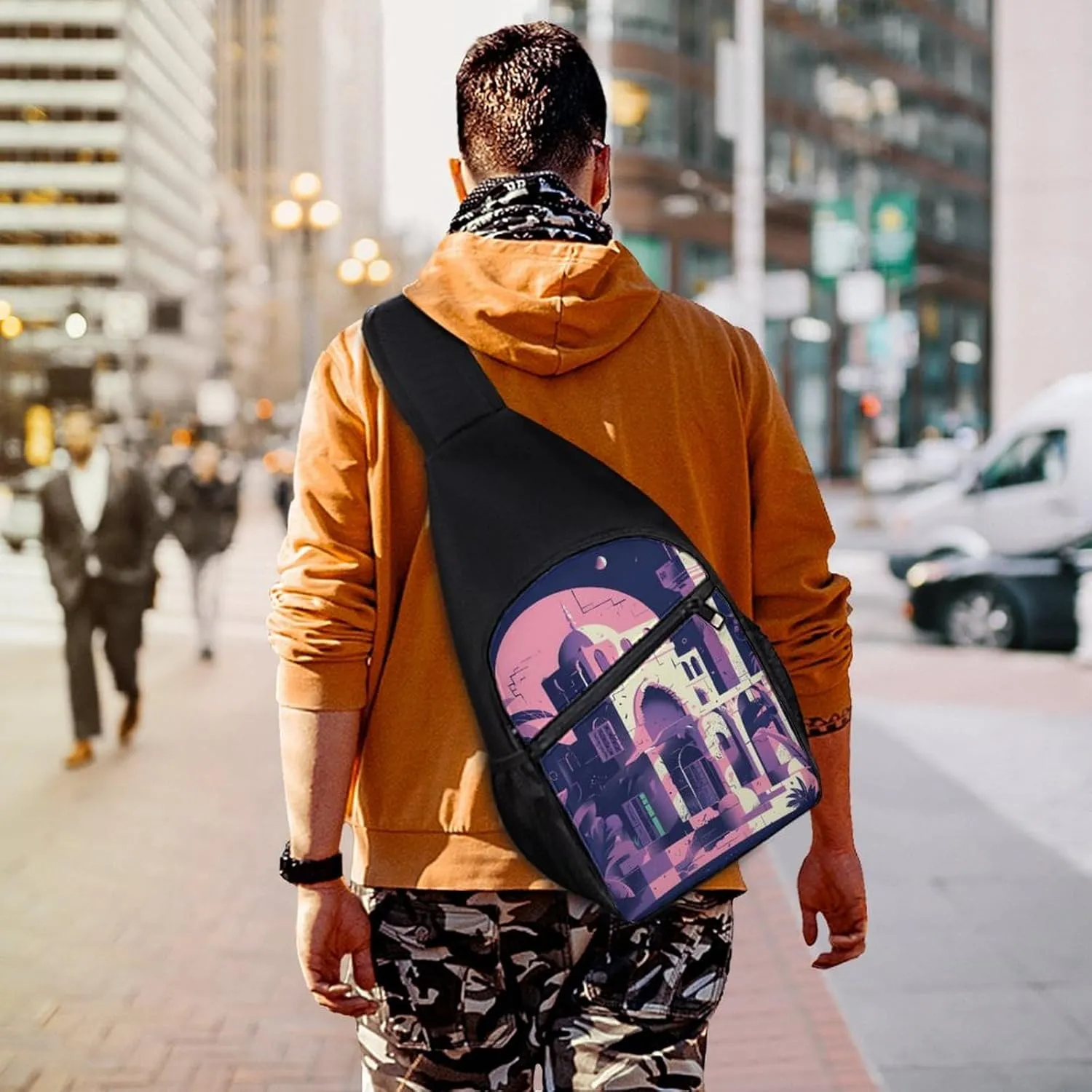 Chest Bag Sling Bag for Men Women Traditional Architecture Sport Sling Backpack Lightweight Shoulder Bag for Travel
