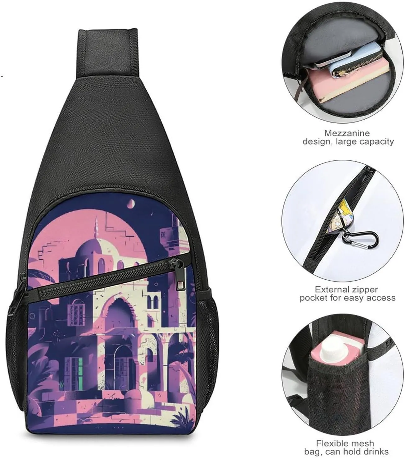 Chest Bag Sling Bag for Men Women Traditional Architecture Sport Sling Backpack Lightweight Shoulder Bag for Travel