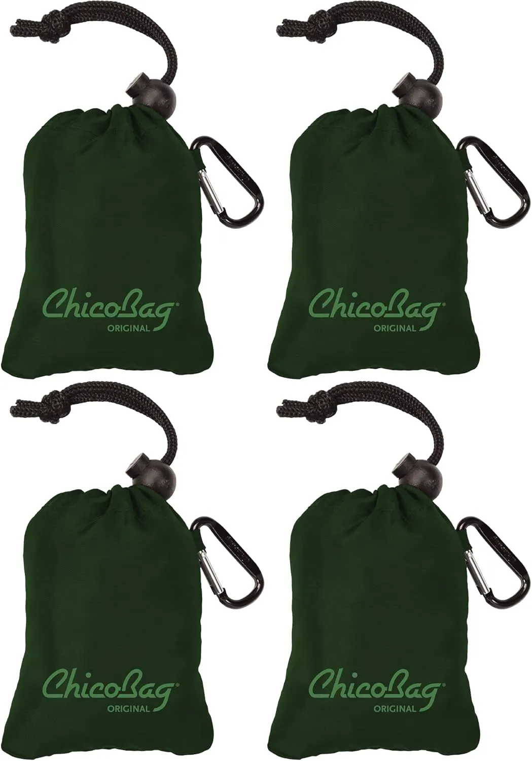 ChicoBag Original Compact Reusable Grocery Bag w/Attached Pouch and Carabiner Clip | Perfect for Shopping, Travel, Organization | Eco-Conscious Packable Tote | Fairway (Pack of 4)