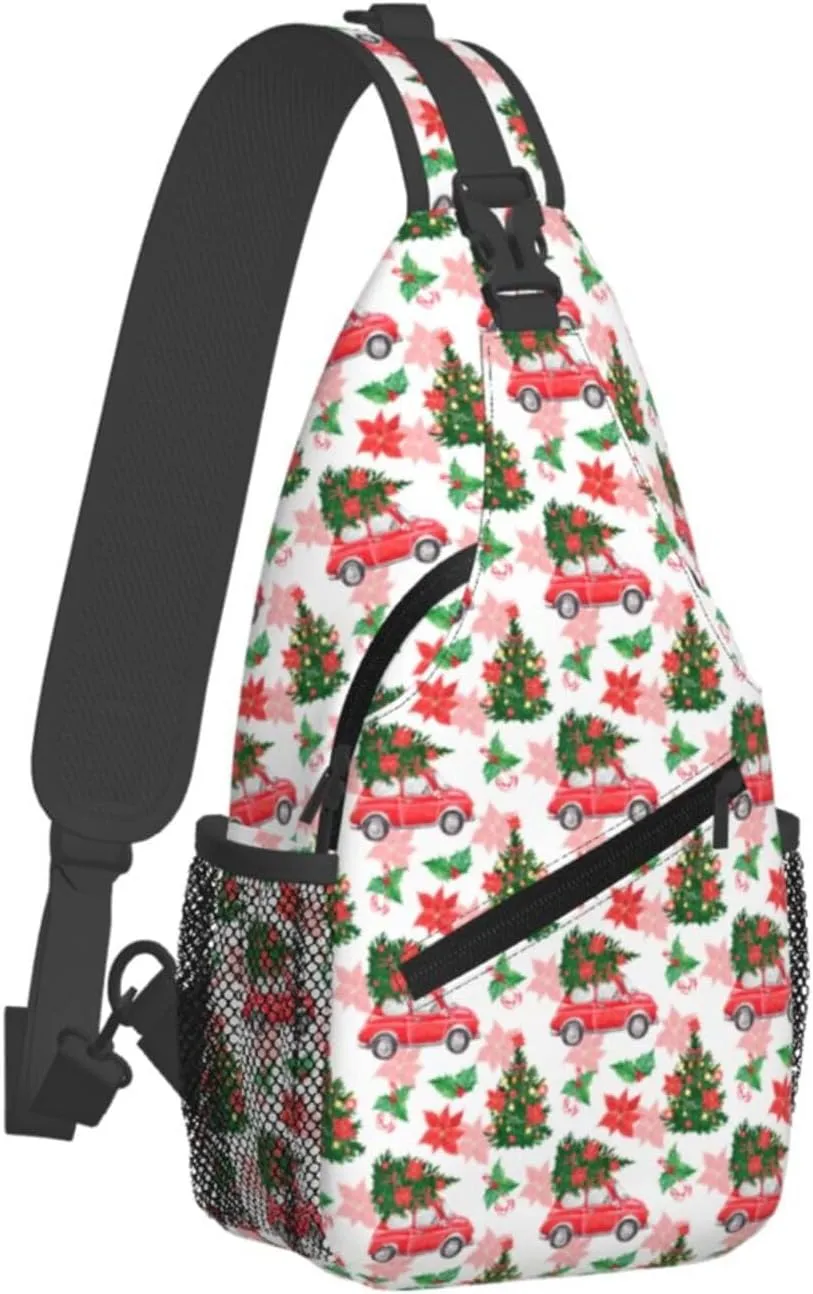 Christmas Car And Fir Tree Crossbody Sling Bag For Women Men Adjustable Christmas New Year Chest Bag Shoulder Bag Sling Backpack Daypack For Sport Travel Hiking