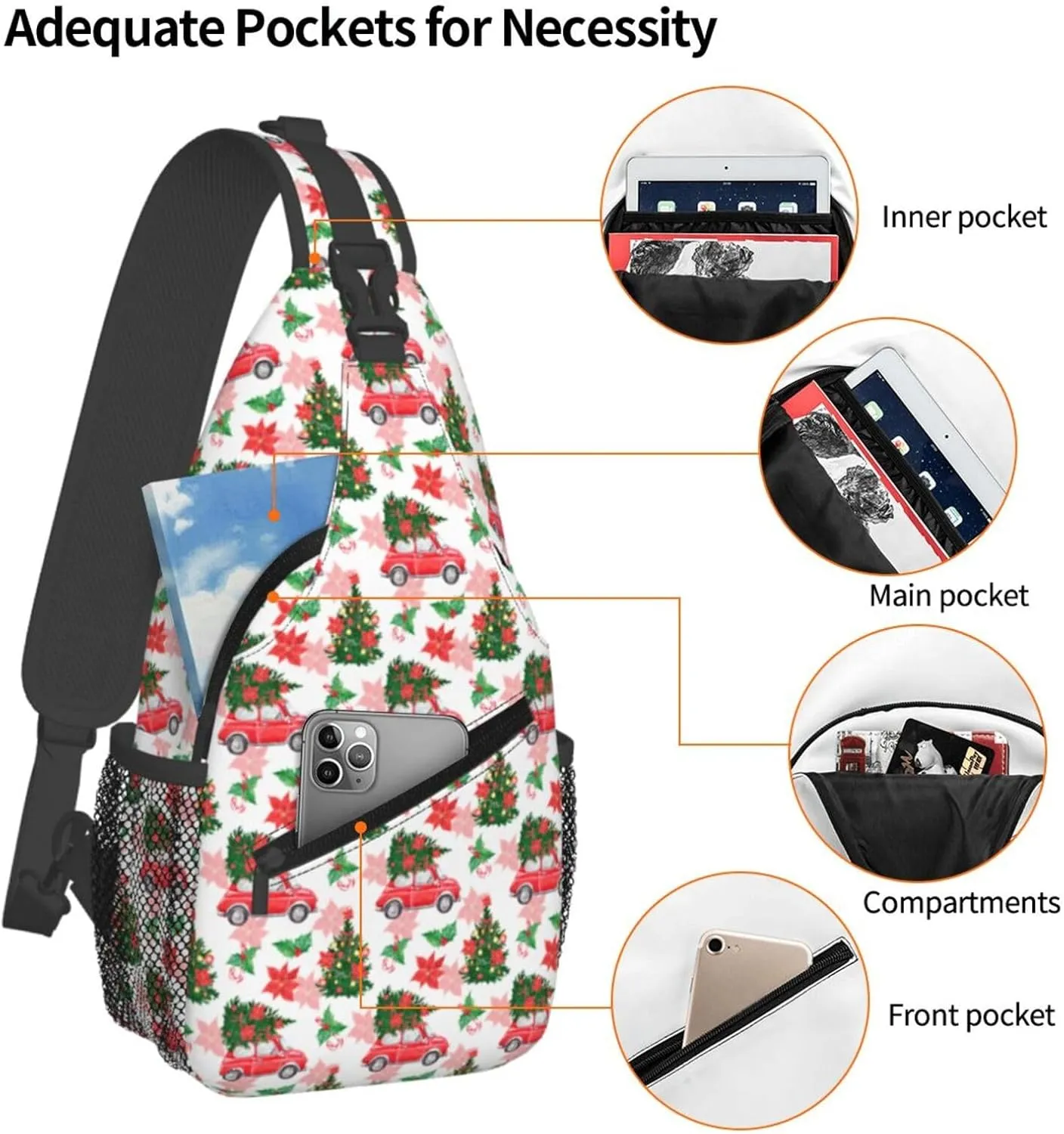 Christmas Car And Fir Tree Crossbody Sling Bag For Women Men Adjustable Christmas New Year Chest Bag Shoulder Bag Sling Backpack Daypack For Sport Travel Hiking