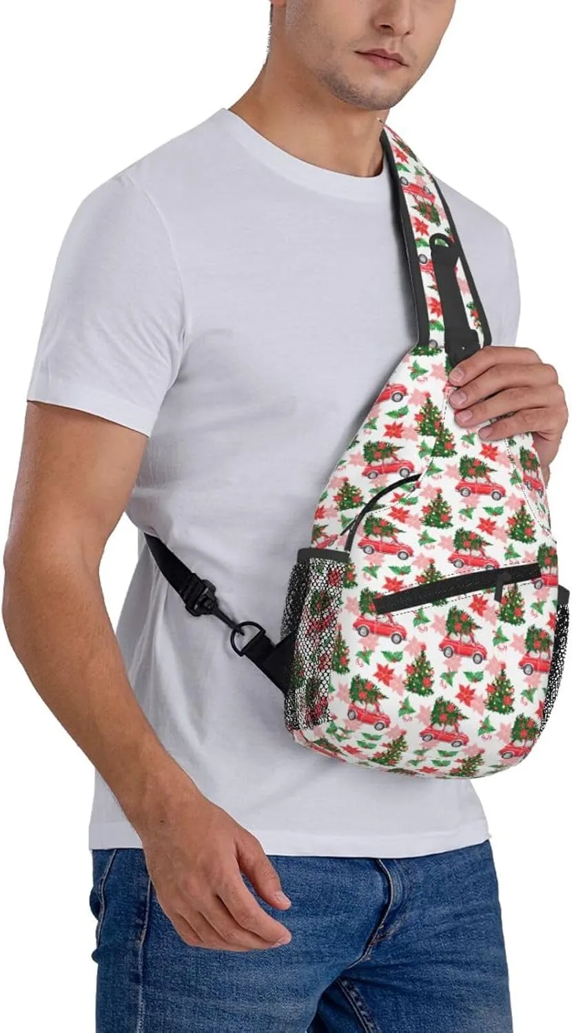 Christmas Car And Fir Tree Crossbody Sling Bag For Women Men Adjustable Christmas New Year Chest Bag Shoulder Bag Sling Backpack Daypack For Sport Travel Hiking