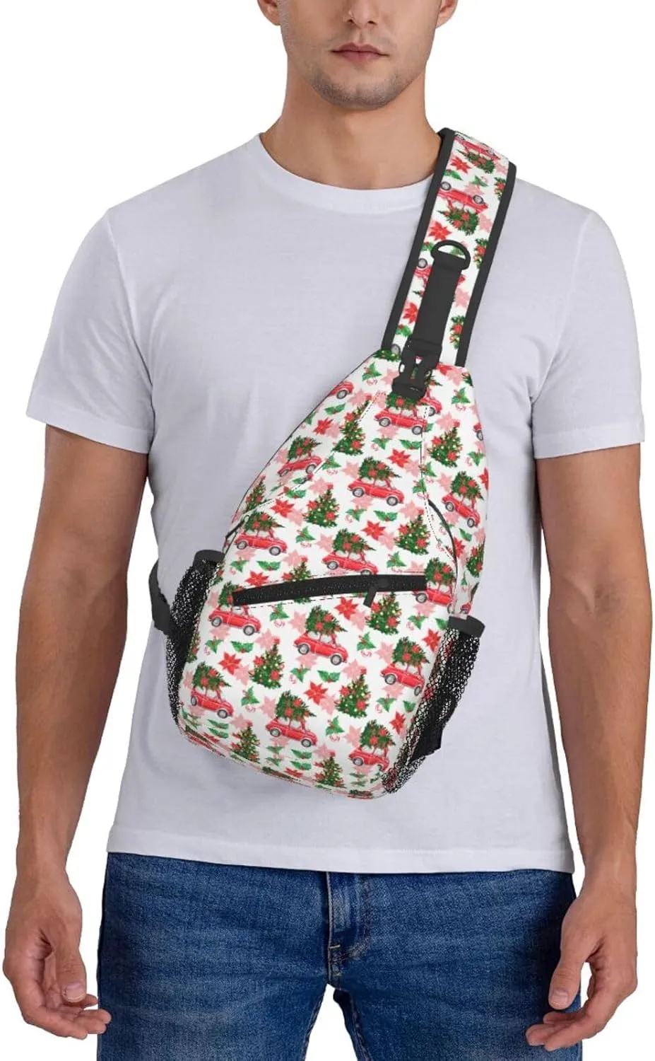 Christmas Car And Fir Tree Crossbody Sling Bag For Women Men Adjustable Christmas New Year Chest Bag Shoulder Bag Sling Backpack Daypack For Sport Travel Hiking