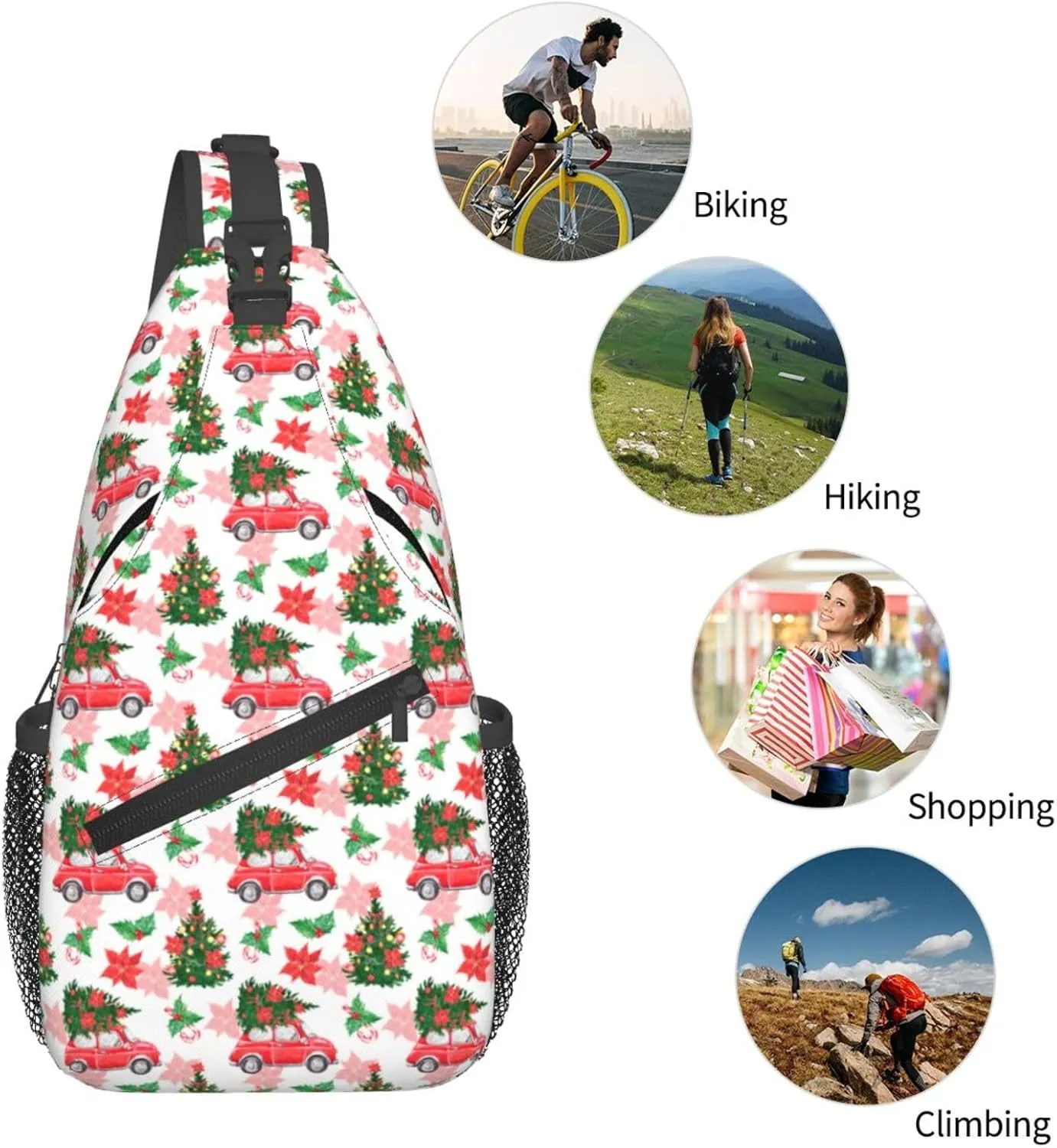 Christmas Car And Fir Tree Crossbody Sling Bag For Women Men Adjustable Christmas New Year Chest Bag Shoulder Bag Sling Backpack Daypack For Sport Travel Hiking