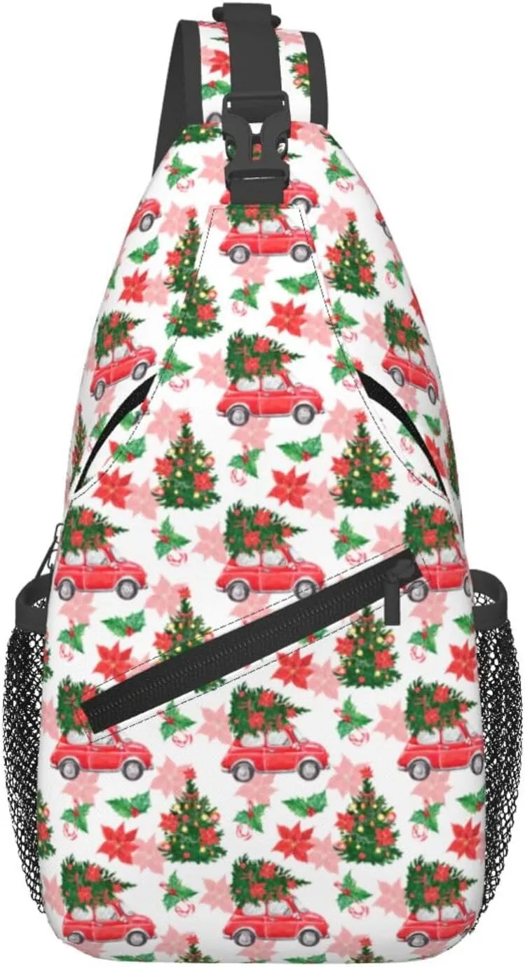 Christmas Car And Fir Tree Crossbody Sling Bag For Women Men Adjustable Christmas New Year Chest Bag Shoulder Bag Sling Backpack Daypack For Sport Travel Hiking