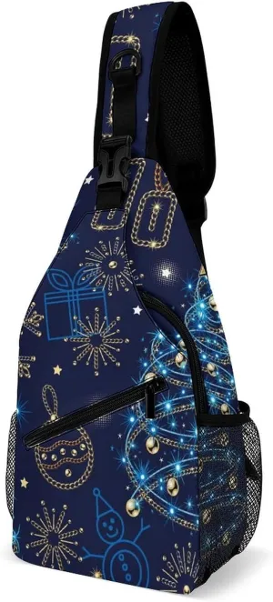 Christmas Tree Blue Sling Bag for Women Men Stars Sparkles Snowflakes Crossbody Shoulder Bag with Anti Theft,Multipurpose Chest Bag for Travel,Hiking,Cycling,Camping