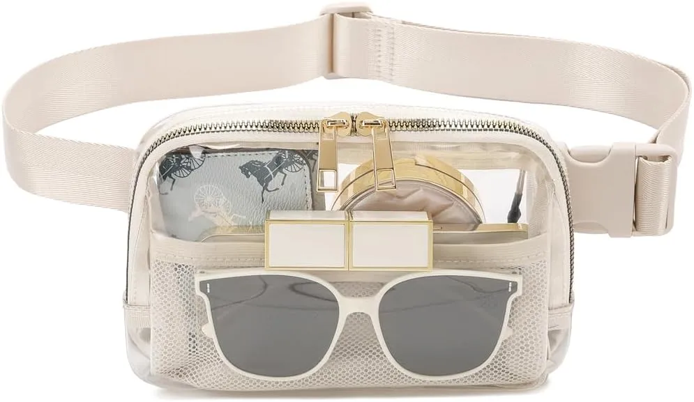 Clear Fanny Pack Stadium Approved, Waterproof Fanny Pack Transparent Bag With Adjustable Strap For Travel Festivals Sports Party Beige