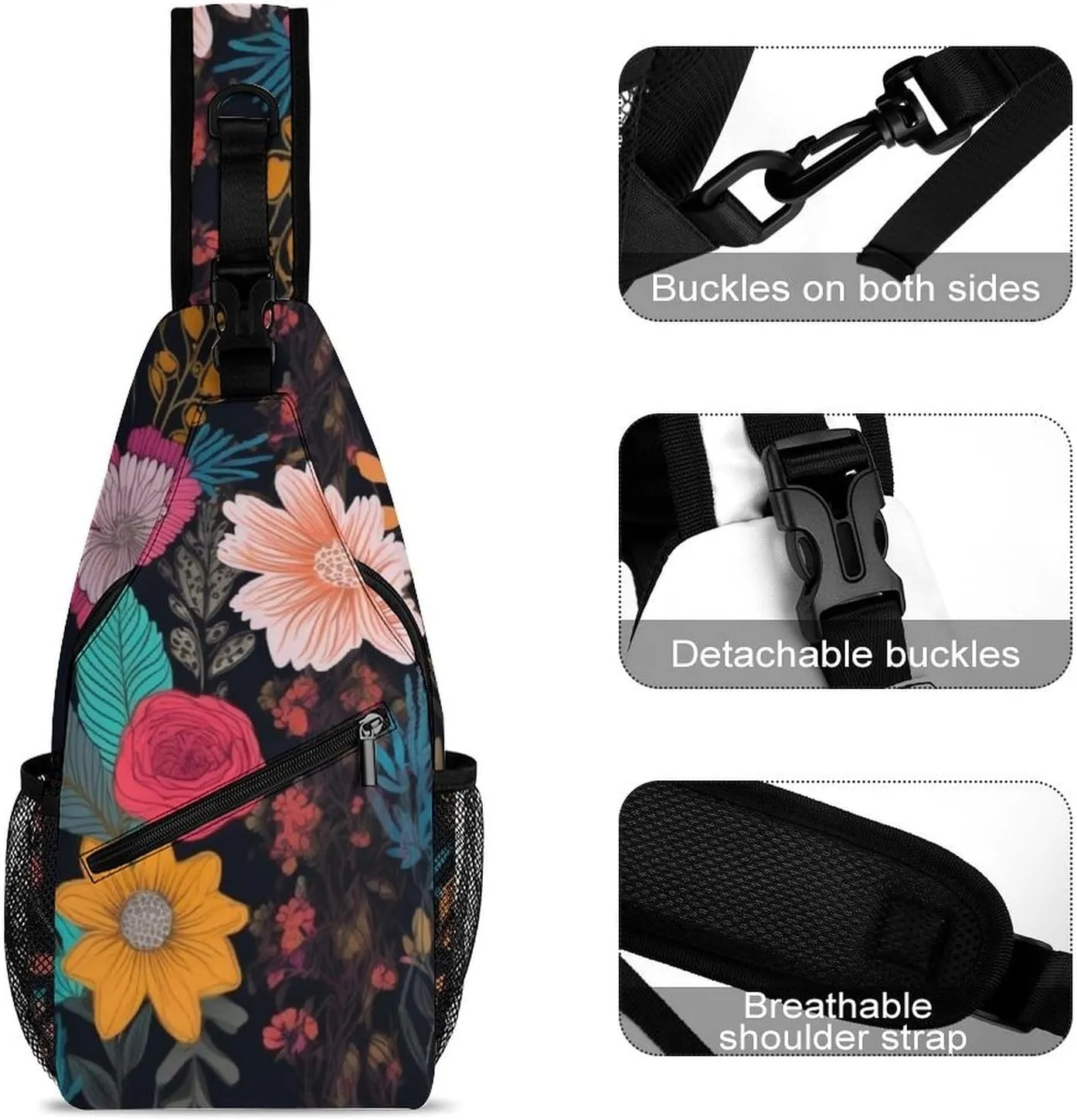 Colorful Boho Floral Crossbody Small Sling Backpack Sling Bag for Women Men Travel Hiking Chest Bag Daypack