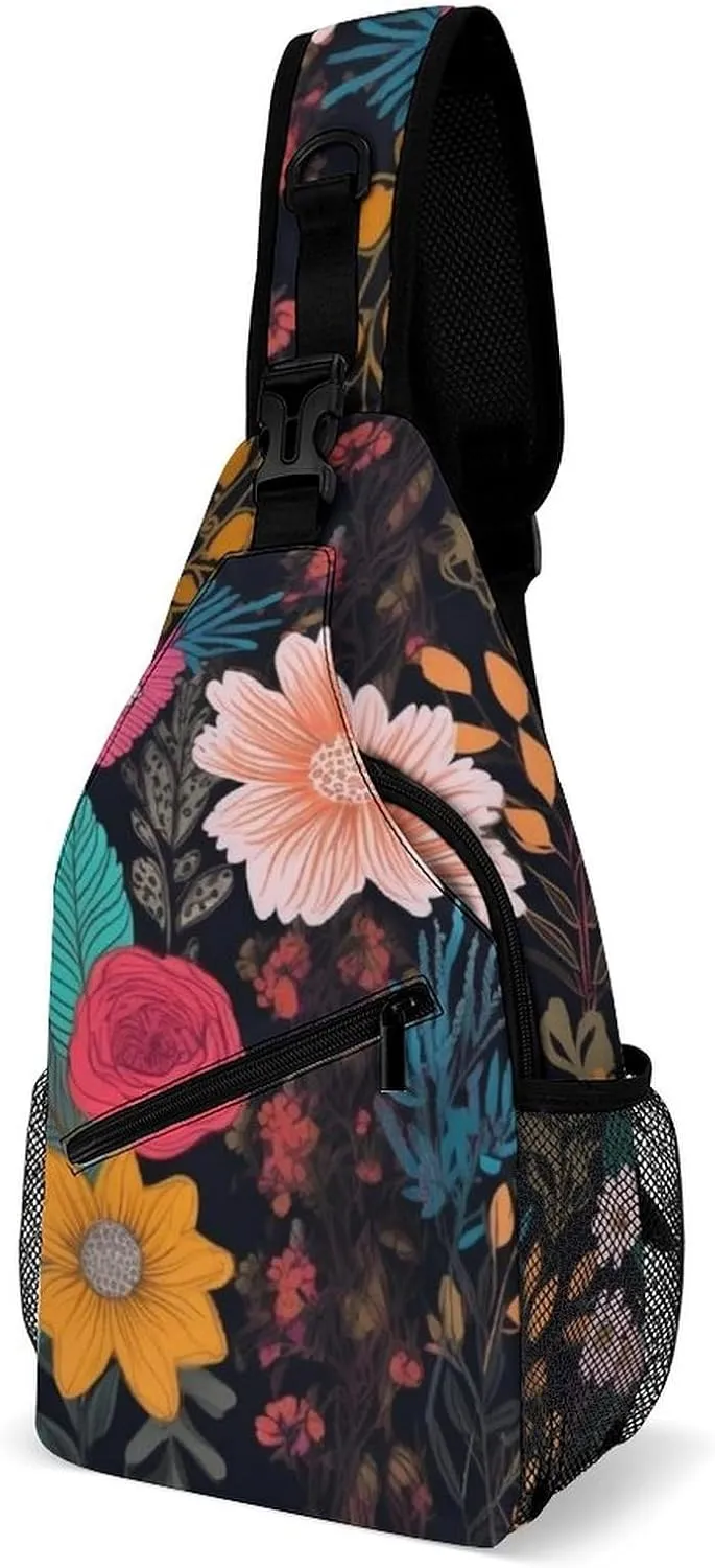 Colorful Boho Floral Crossbody Small Sling Backpack Sling Bag for Women Men Travel Hiking Chest Bag Daypack