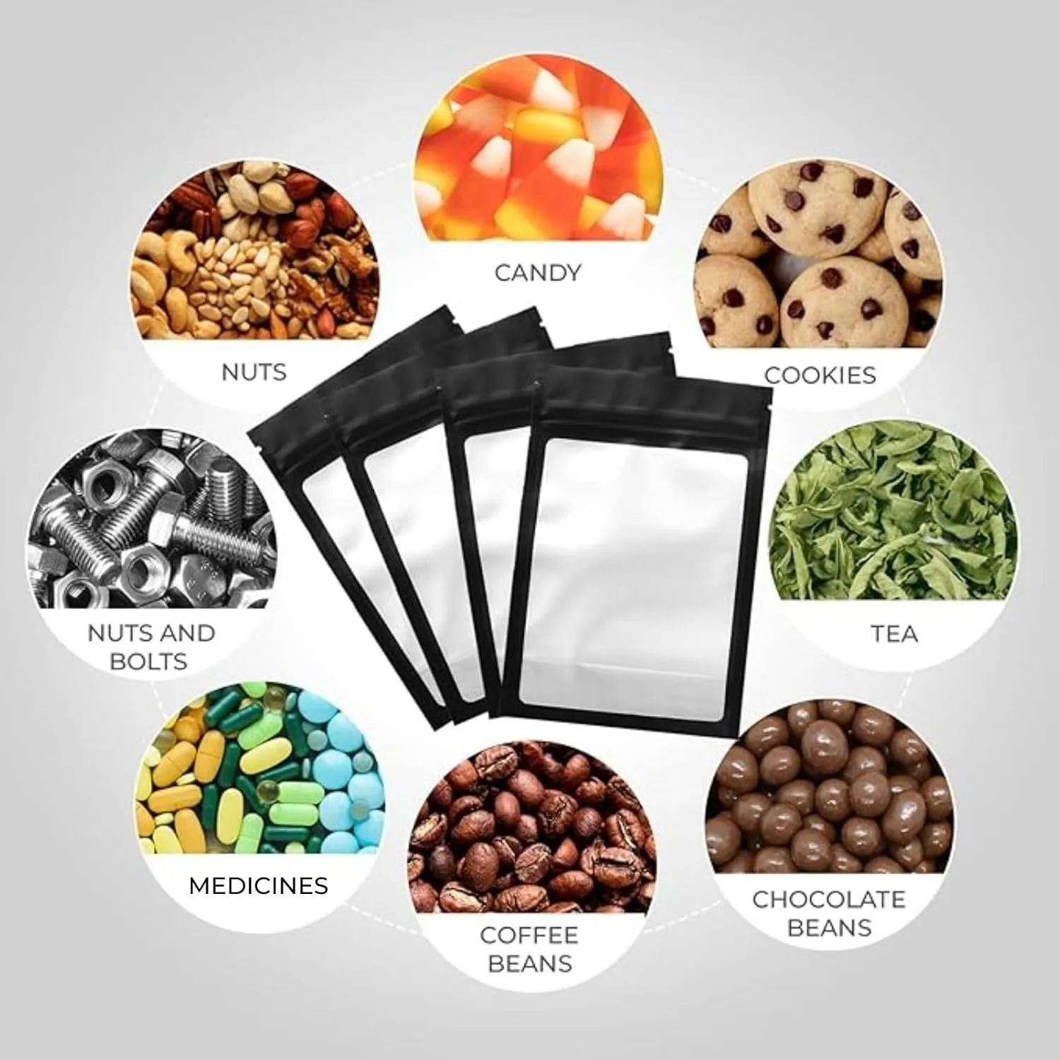 COLSEN Smell Proof Resealable Bags - Matte Black Mylar Bag 3x4 Inches (1oz) Strong Zipper Seal Clear Window Pouch for Food Storage, Candy, Snacks, Jewelry, Pills, Party Favors Packaging (100pack)