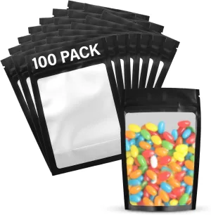 COLSEN Smell Proof Resealable Bags - Matte Black Mylar Bag 3x4 Inches (1oz) Strong Zipper Seal Clear Window Pouch for Food Storage, Candy, Snacks, Jewelry, Pills, Party Favors Packaging (100pack)