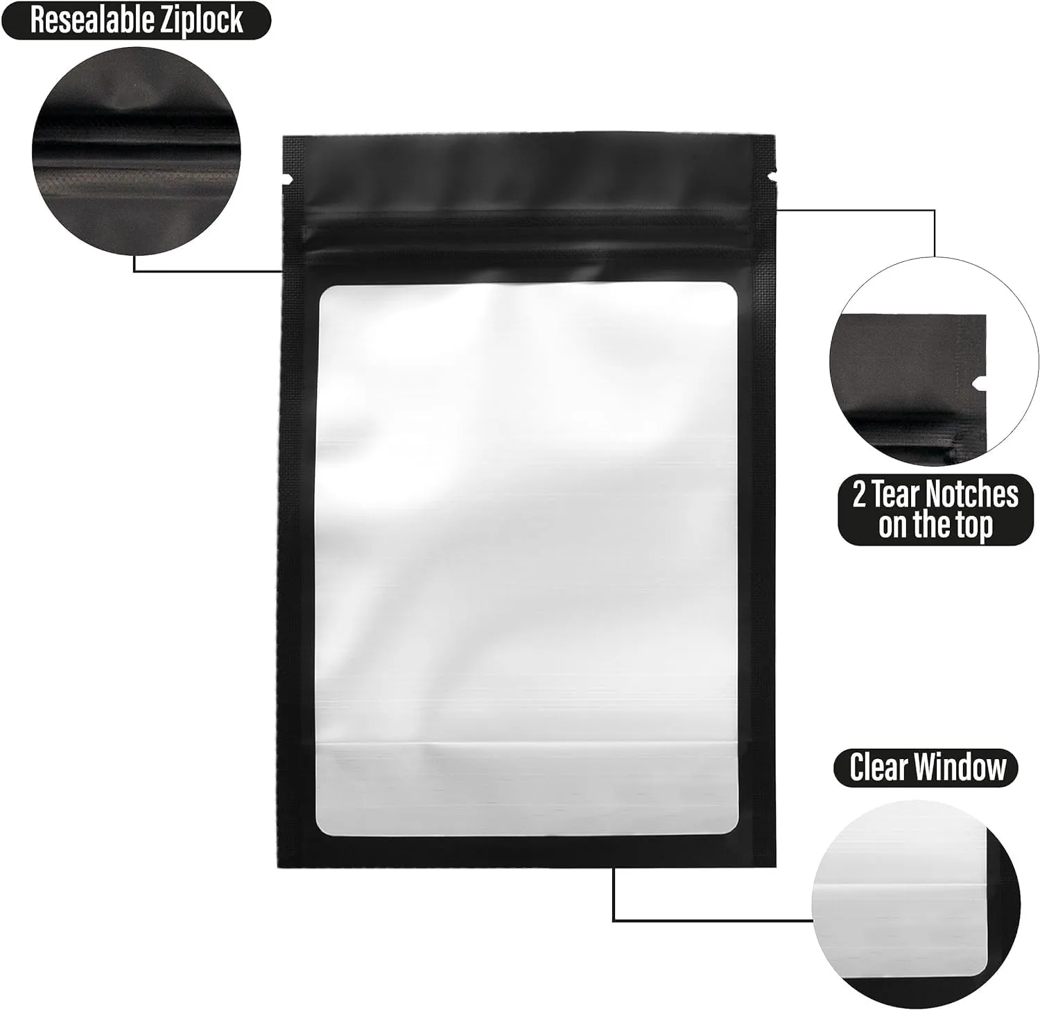 COLSEN Smell Proof Resealable Bags - Matte Black Mylar Bag 3x4 Inches (1oz) Strong Zipper Seal Clear Window Pouch for Food Storage, Candy, Snacks, Jewelry, Pills, Party Favors Packaging (100pack)
