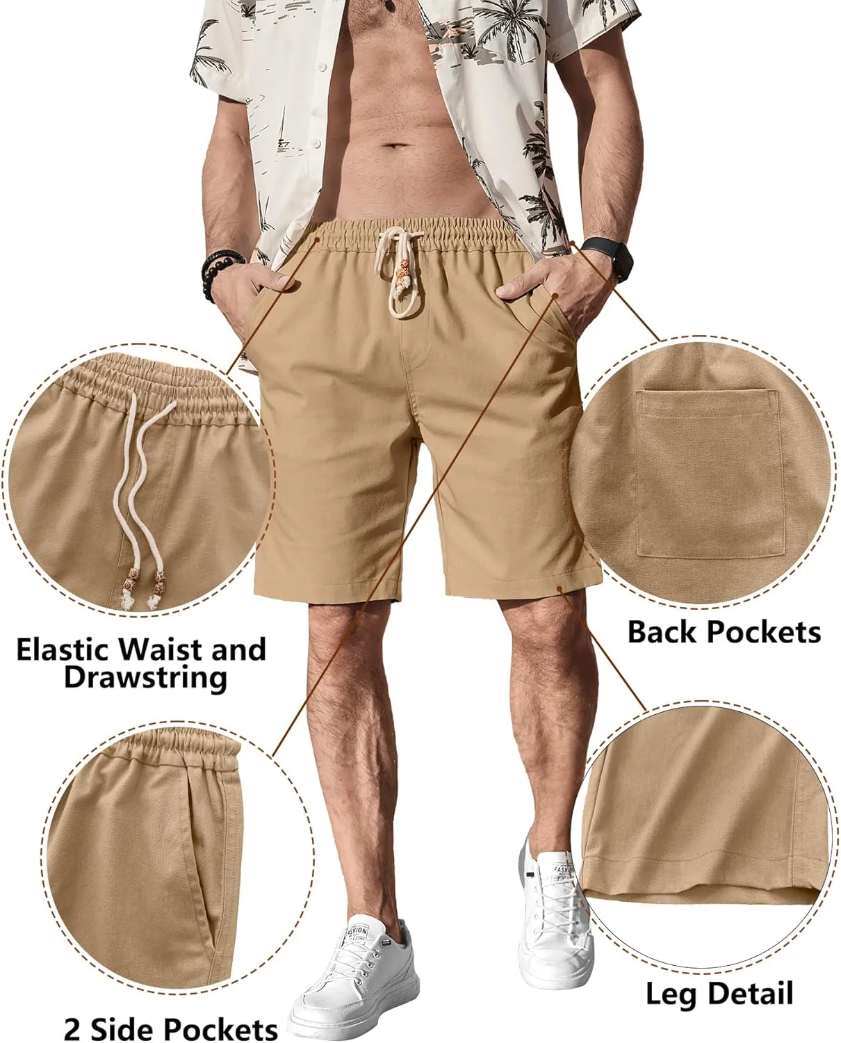 Comdecevis Men's Linen Shorts Casual Elastic Waist Drawstring Summer Beach Vacation Yoga Golf Shorts with Pockets