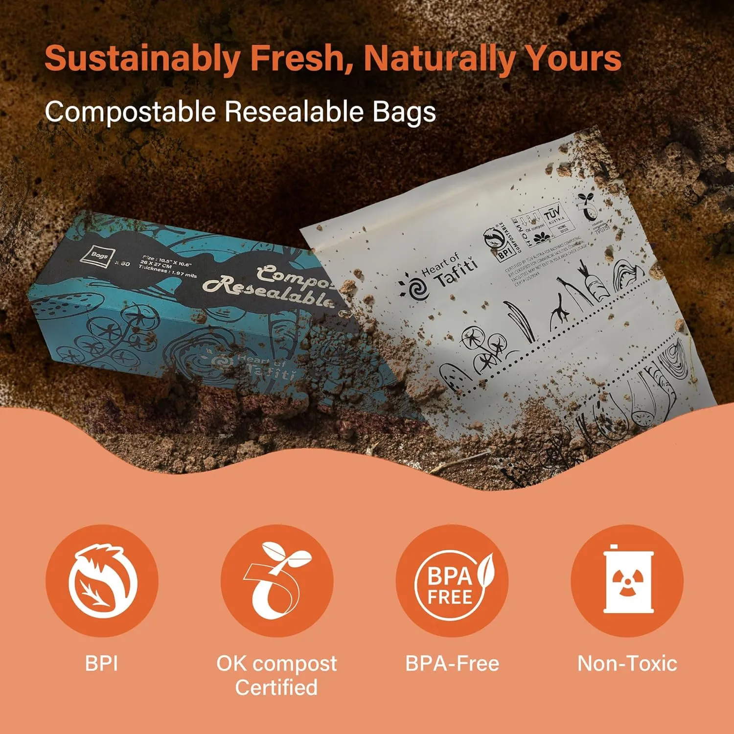 Compostable Food Storage Bags, Large Gallon Resealable Freezer Bags, 60 Count, 10.5 x 10.6 inches, Extra Thick and Reusable, Certified OK Compost, Biodegradable Eco-Friendly